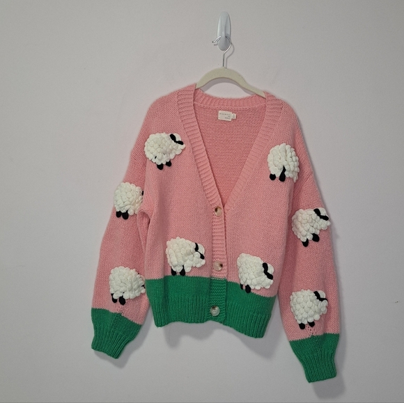 Dreamers By Debut Counting Sheep 3D Bobble  Cardigan Pink Small NWOT - Picture 2 of 7